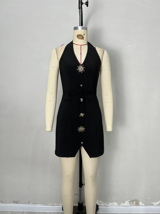 Flowering Girl Women Black Halter Deep V Neck Rhinestone Button Wrap Mini Dress Waist Tie Sleeveless Party Dress
