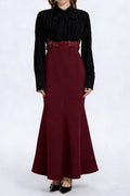 carlin Balloon Sleeve Ruched Tie Up Midi Dress - black & red