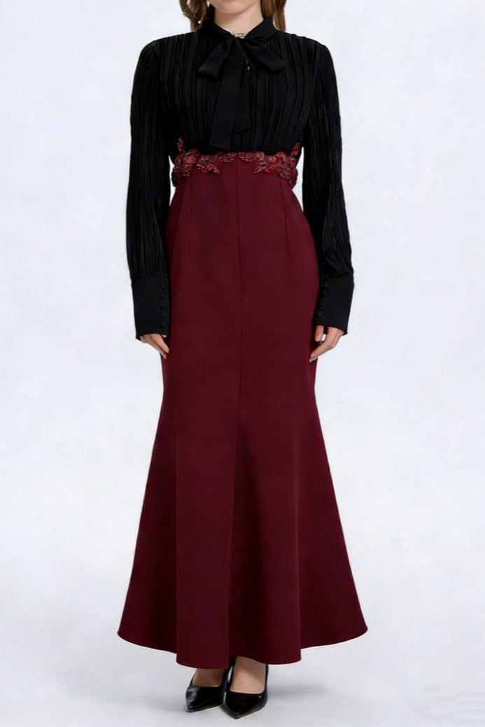 carlin Balloon Sleeve Ruched Tie Up Midi Dress - black & red