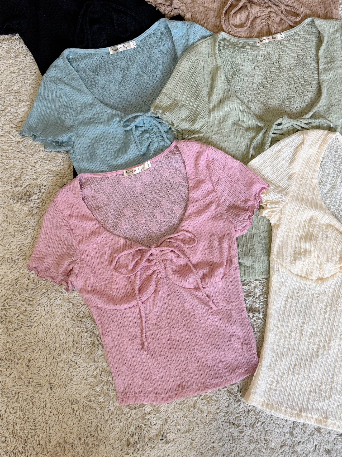 Ruched Front Ruffle Short Sleeve U-Neck Knit Top