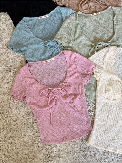 Ruched Front Ruffle Short Sleeve U-Neck Knit Top
