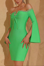 cara Off-shoulder long-sleeve diamond bodycon mini dress in green