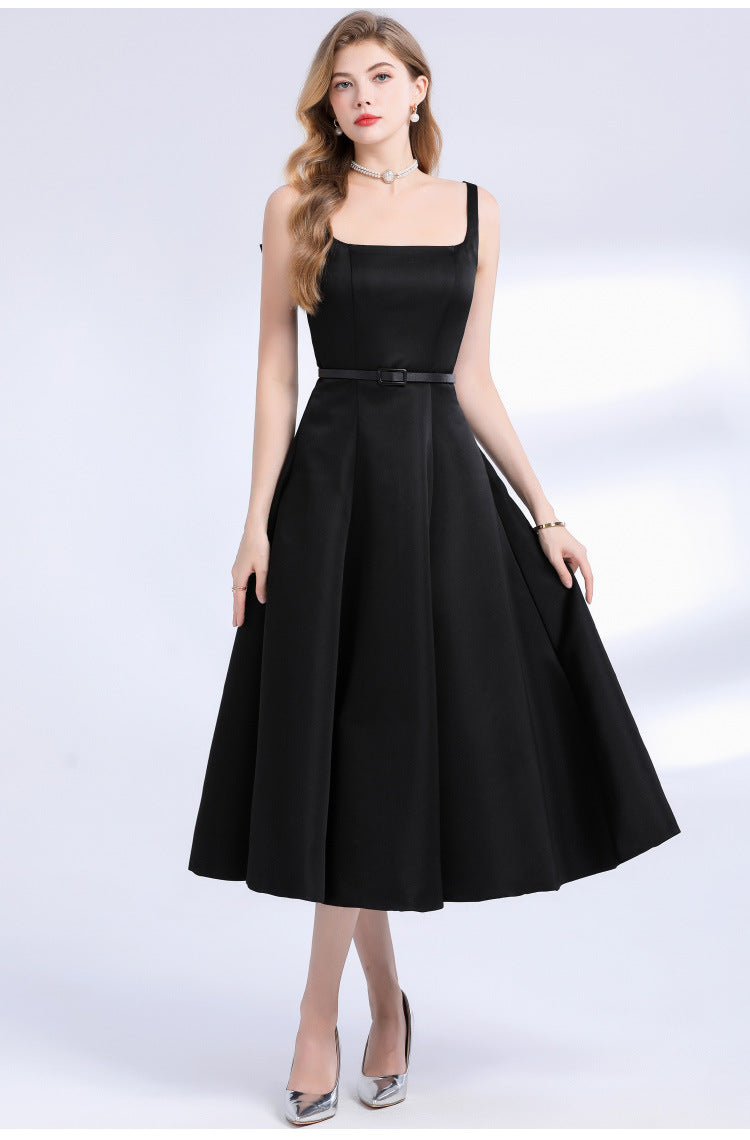 Flowering Girl Women Amelia Square Neck Satin Slip Midi Dress - Black