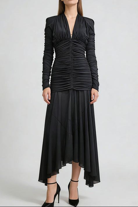 Flowering Girl Women Josephine v-Neck Ruched Long-Sleeve Maxi Dress In Black