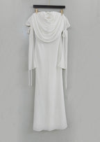 lila flower embellished pleated strapless maxi dress in white