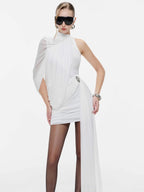 Flowering Girl Women off-shoulder single-sleeve pleated bodycon Ribbon mini dress - white