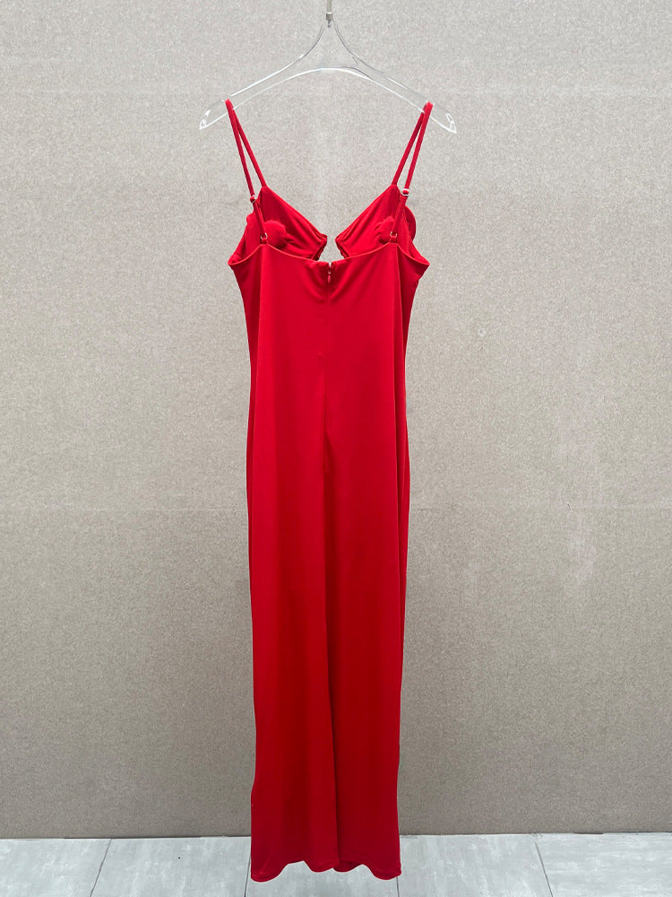 Flowering Girl Women Rose Appliqué Strappy Maxi Dress In Red