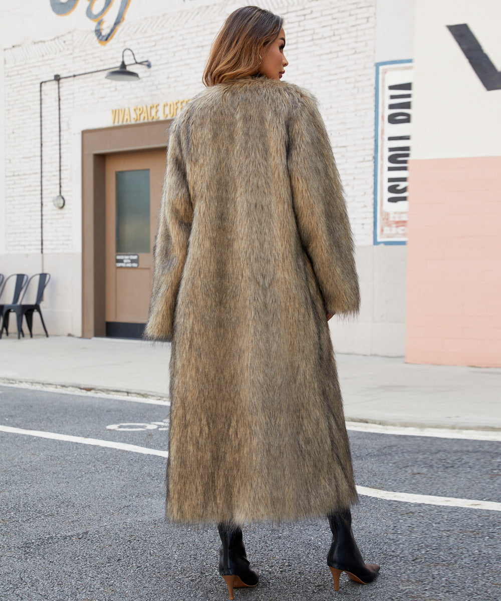 Flowering Girl Women verna V-neck long imitation fur coat
