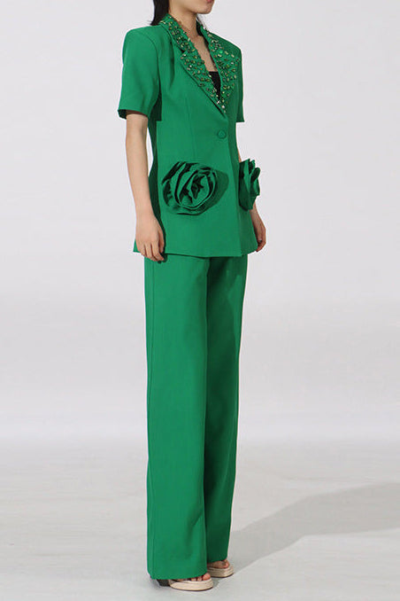 Flowering Girl Women Green Flower Embellished Blazer With Wide-Leg Trousers Set