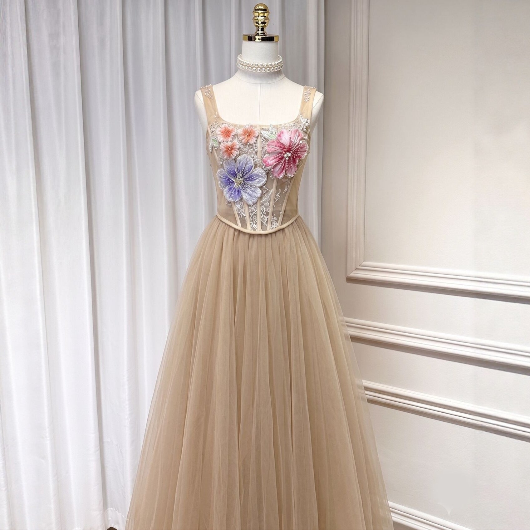 3D floral camisole top & tulle skirt set -  champagne