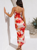 satin floral wavy collar woven spaghetti strap slit dress