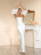 nancy Rhinestone beading strapless maxi dress in white