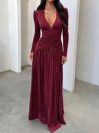 Flowering Girl Women red Deep V Long Sleeve maxi Dress
