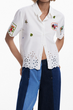White Embroidered Eyelet Hem Short Sleeve Shirt