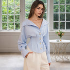 Flowering Girl Women Blue White Stripe Off Shoulder Collared Cinched Waist Peplum Shirt