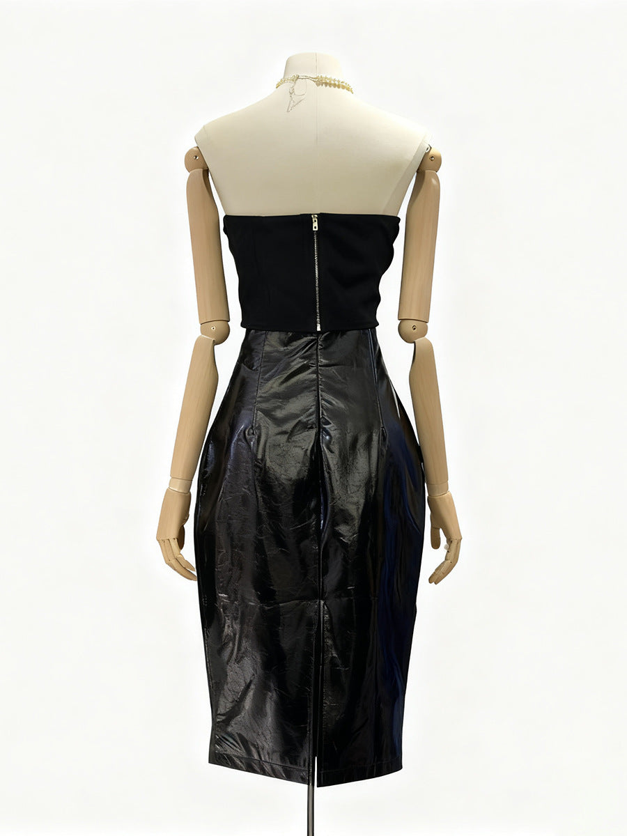 Miriam Black Sleeveless Strapless Cropped Top Mini Skirt