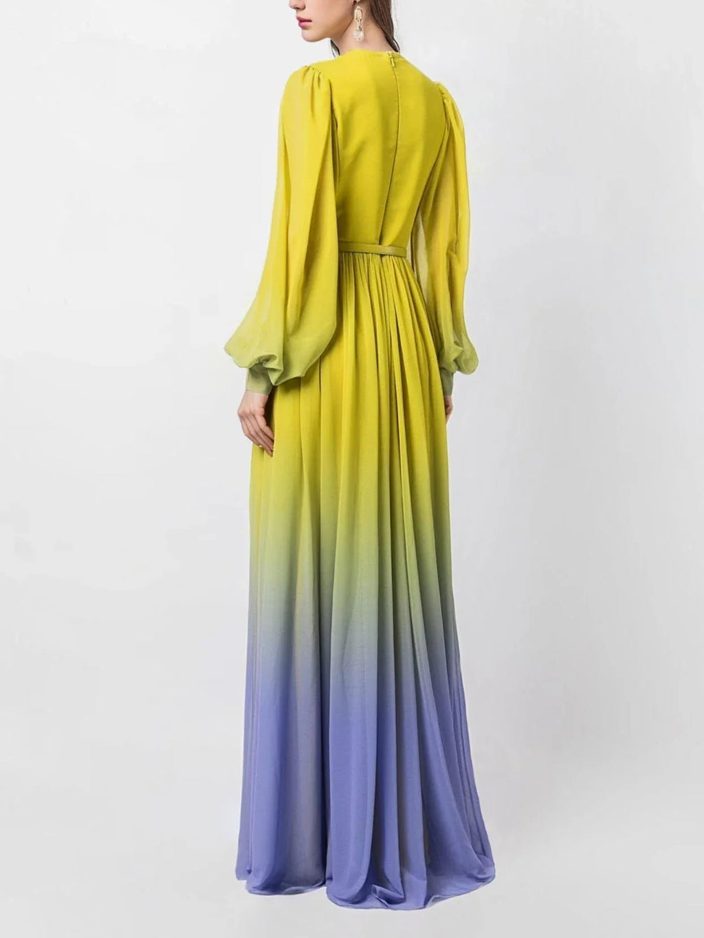 European and American niche gradient dresses, balloon sleeves, yellow long skirts, temperament, long-sleeved skirts, elegant women's long skirts