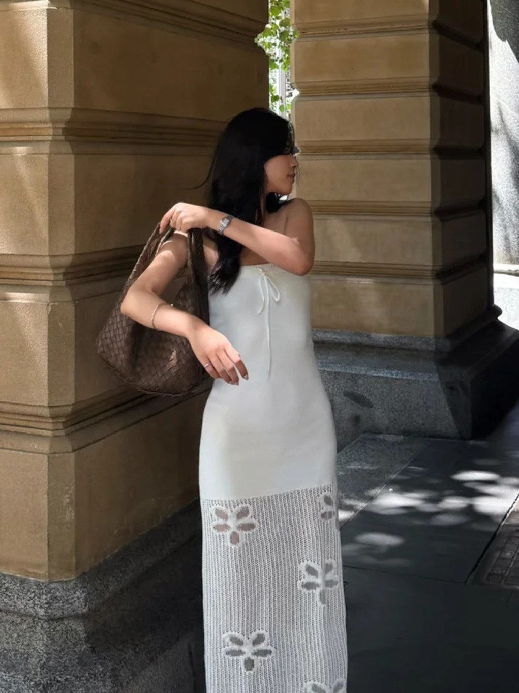 White Strapless Knit Maxi Dress With Butterfly Crochet Hem