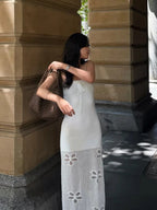 White Strapless Knit Maxi Dress With Butterfly Crochet Hem