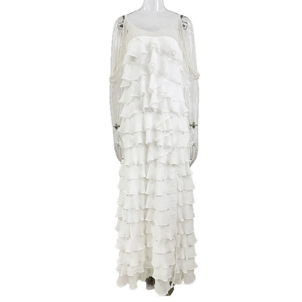 Flowering Girl Women white nail bead layered lotus leaf slit maxi dress