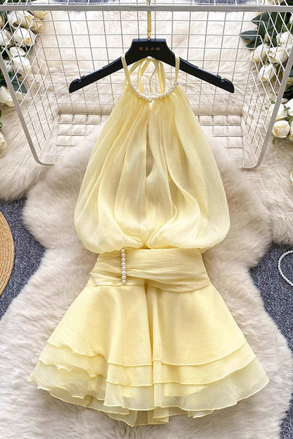 Halter neck beaded mini dress with ruffled chiffon