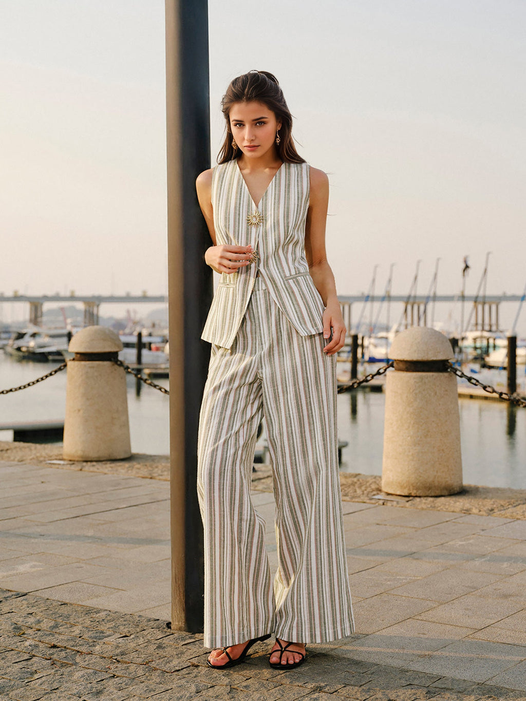 Flowering Girl Women Green White Stripe Linen Sleeveless V-Neck Vest & Wide Leg Pants Two-Piece Set