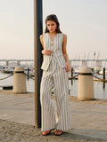 Flowering Girl Women Green White Stripe Linen Sleeveless V-Neck Vest & Wide Leg Pants Two-Piece Set