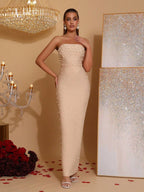 belen Pearl Beaded tube top maxi Dress in apricot