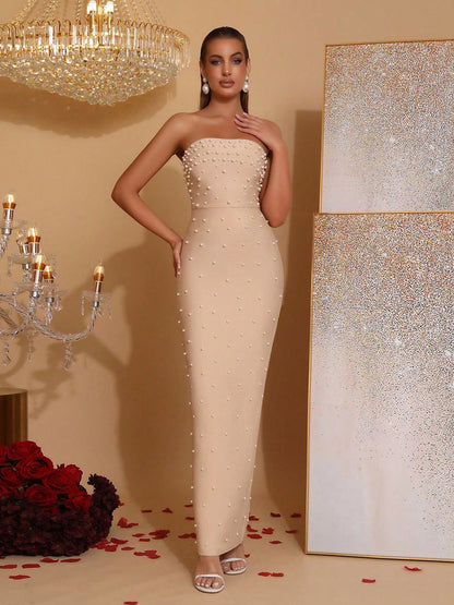 belen Pearl Beaded tube top maxi Dress in apricot