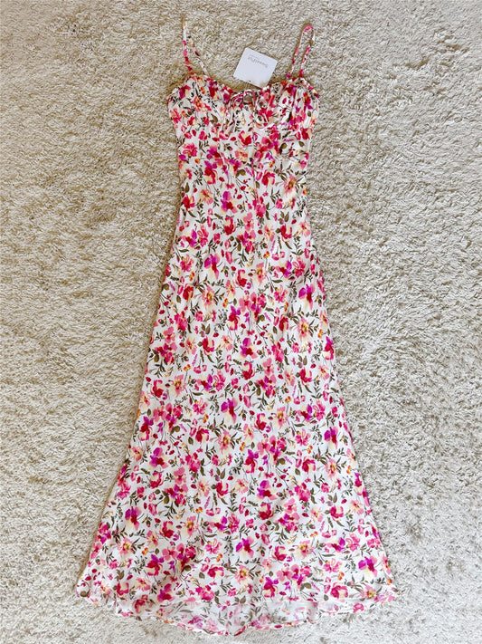Front Tie Floral Spaghetti Strap Midi Slip Dress