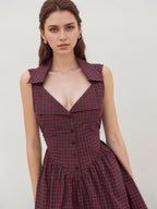 Flowering Girl Women Red Plaid Sleeveless Lapel V Neck Button Front Fit And Flare Mini Dress Summer Retro Dress