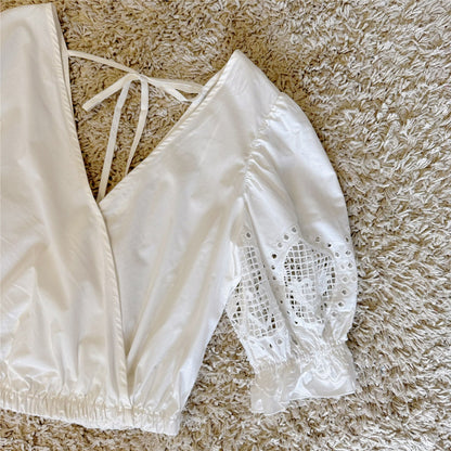 crochet cut-out V-neck casual cotton shirt top