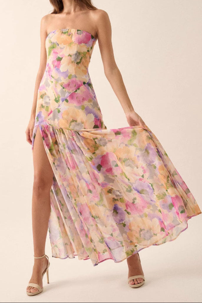 Flowering Girl Women off-shoulder floral print high slit pleated mesh maxi dress