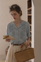 Flowering Girl Women embroidery yarn-dyed striped lapel short-sleeved shirt
