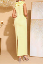 Cynthia 3D Flower v-Neck Sleeveless Bodycon Maxi Dress In Yellow