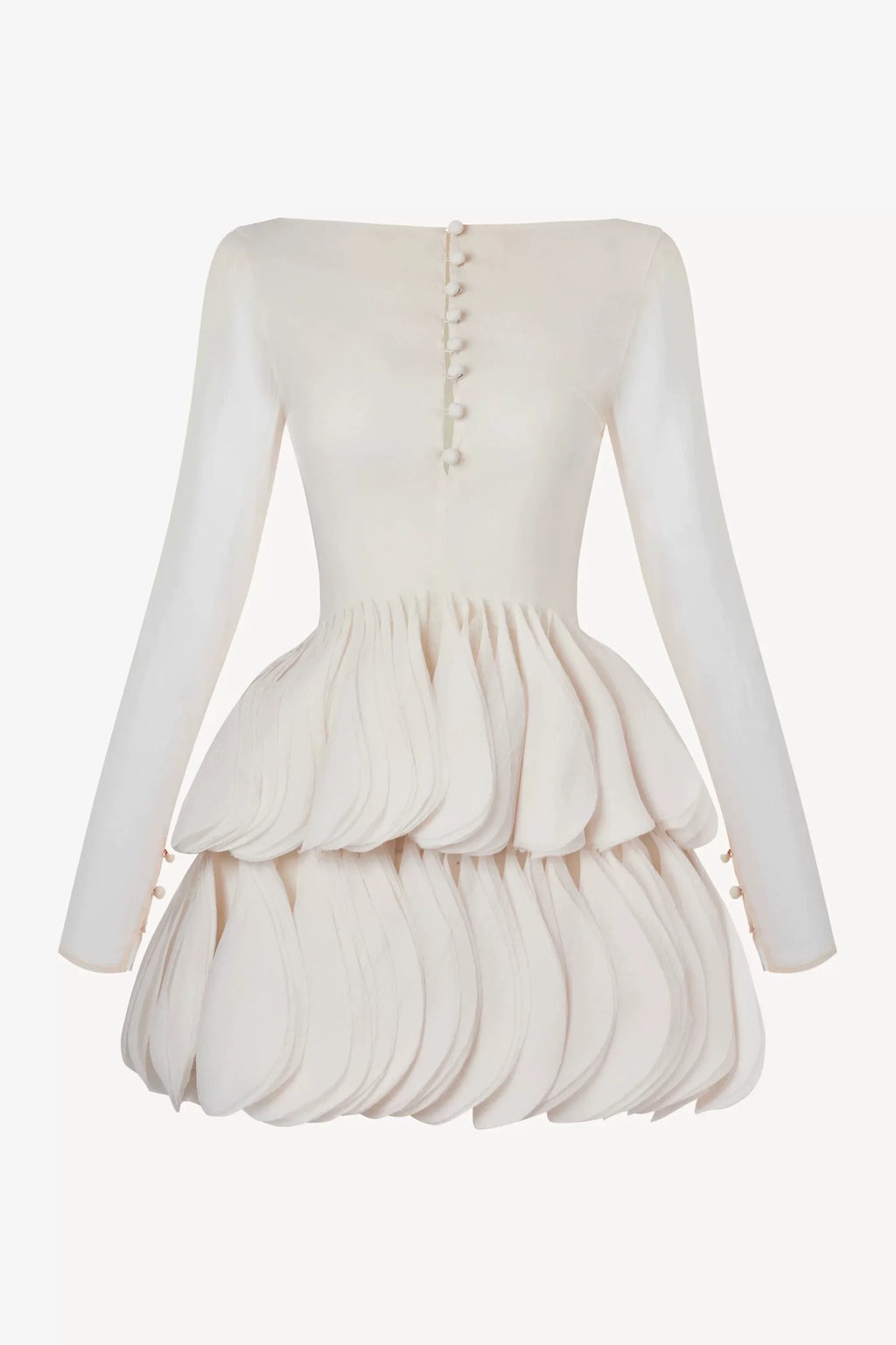 Flowering Girl Women Cream Sheer Long Sleeve Layered Petal Mini Dress with Brown Leather Corset Belt