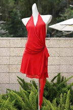 Flowering Girl Women Halter Backless V-Neck Sleeveless Lace-Up Mini Dress In Red