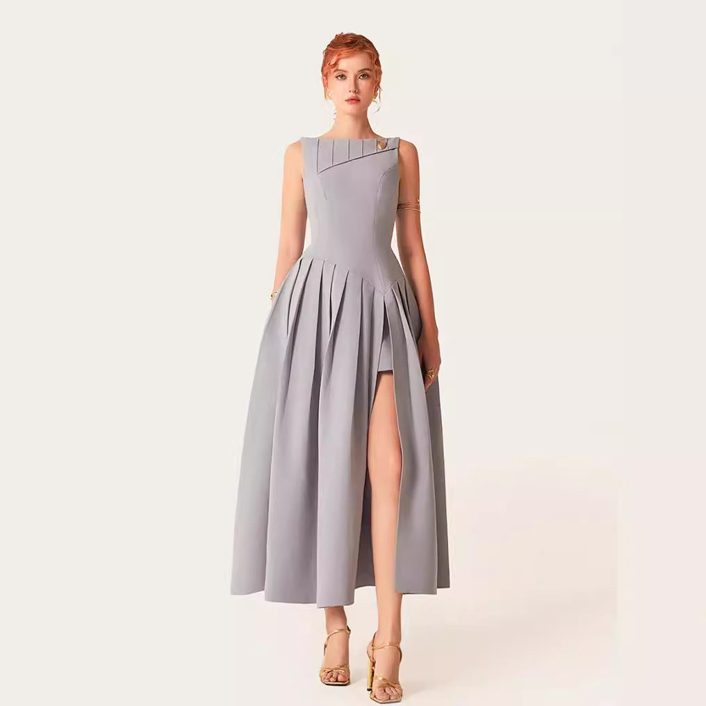Flowering Girl Women sleeveless pleated slit midi dress in gray