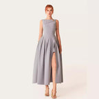Flowering Girl Women sleeveless pleated slit midi dress in gray
