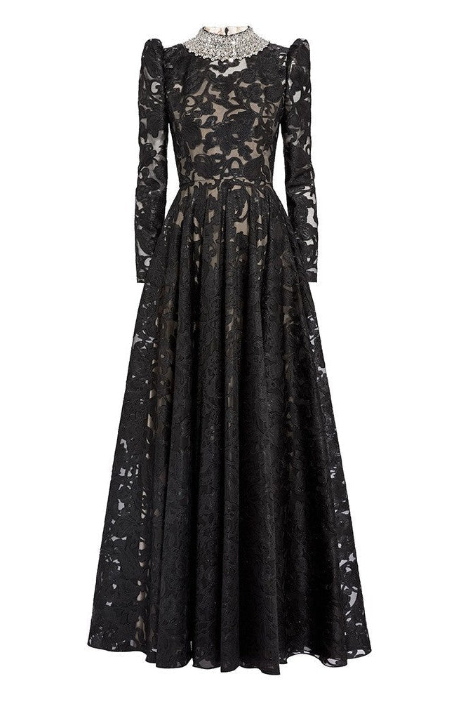 Flowering Girl Women black mesh diamond embroidered maxi dress