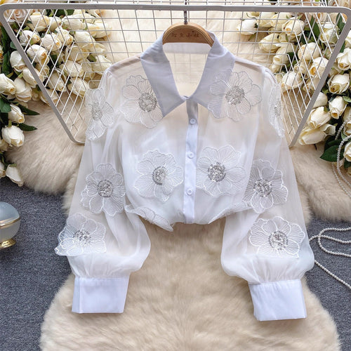 Flowering Girl Women Beaded sequined 3D floral sheer mesh shirt
