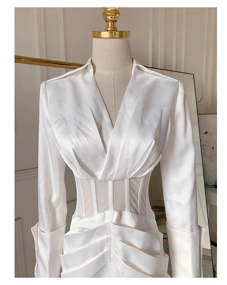 Flowering Girl Women Alyssa Deep V See-Through Fishbone Pleated Hip Blazer Mini Dress In White