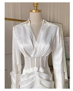 Flowering Girl Women Alyssa Deep V See-Through Fishbone Pleated Hip Blazer Mini Dress In White