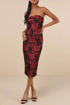 burgundy vintage embossed flower midi dress