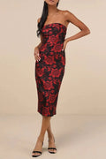 Burgundy Vintage Embossed Flower Wrap Midi Dress