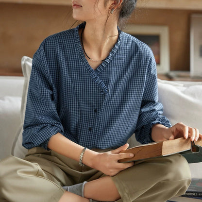 navy blue plaid V-neck ruffled  long-sleeve shirt