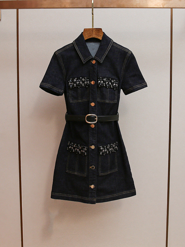 Miriam Denim Crystal Trim Mini Dress In Black