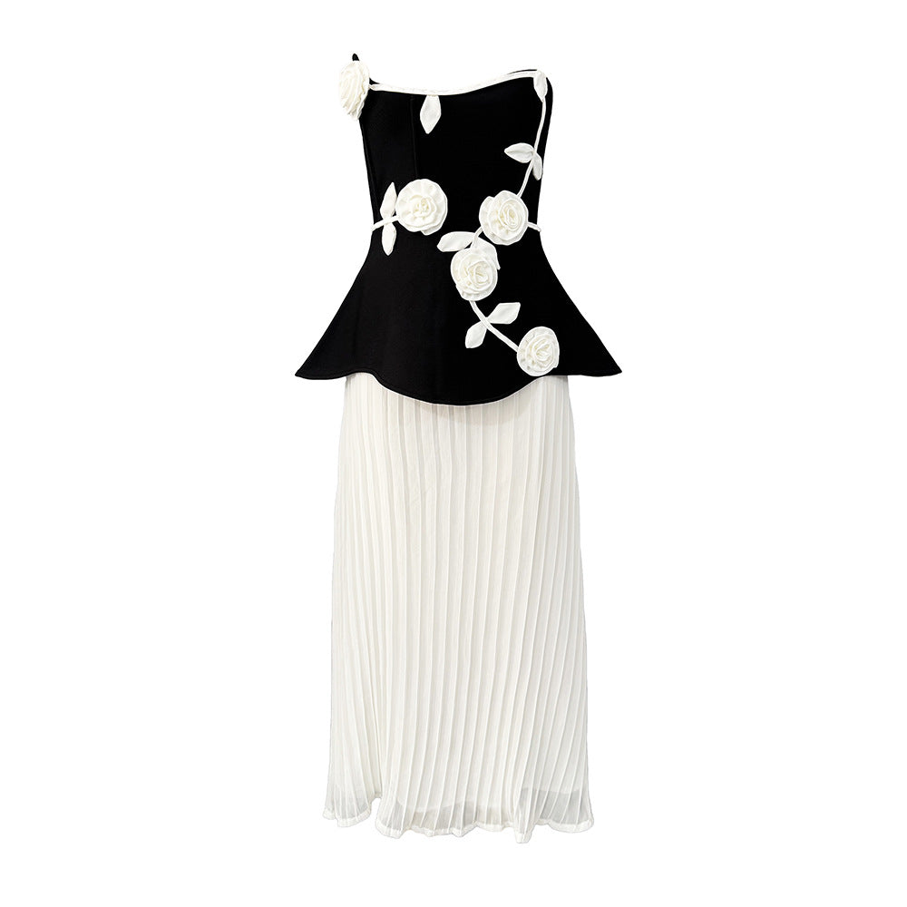 Strapless 3D Rose Appliqué Peplum Maxi Dress