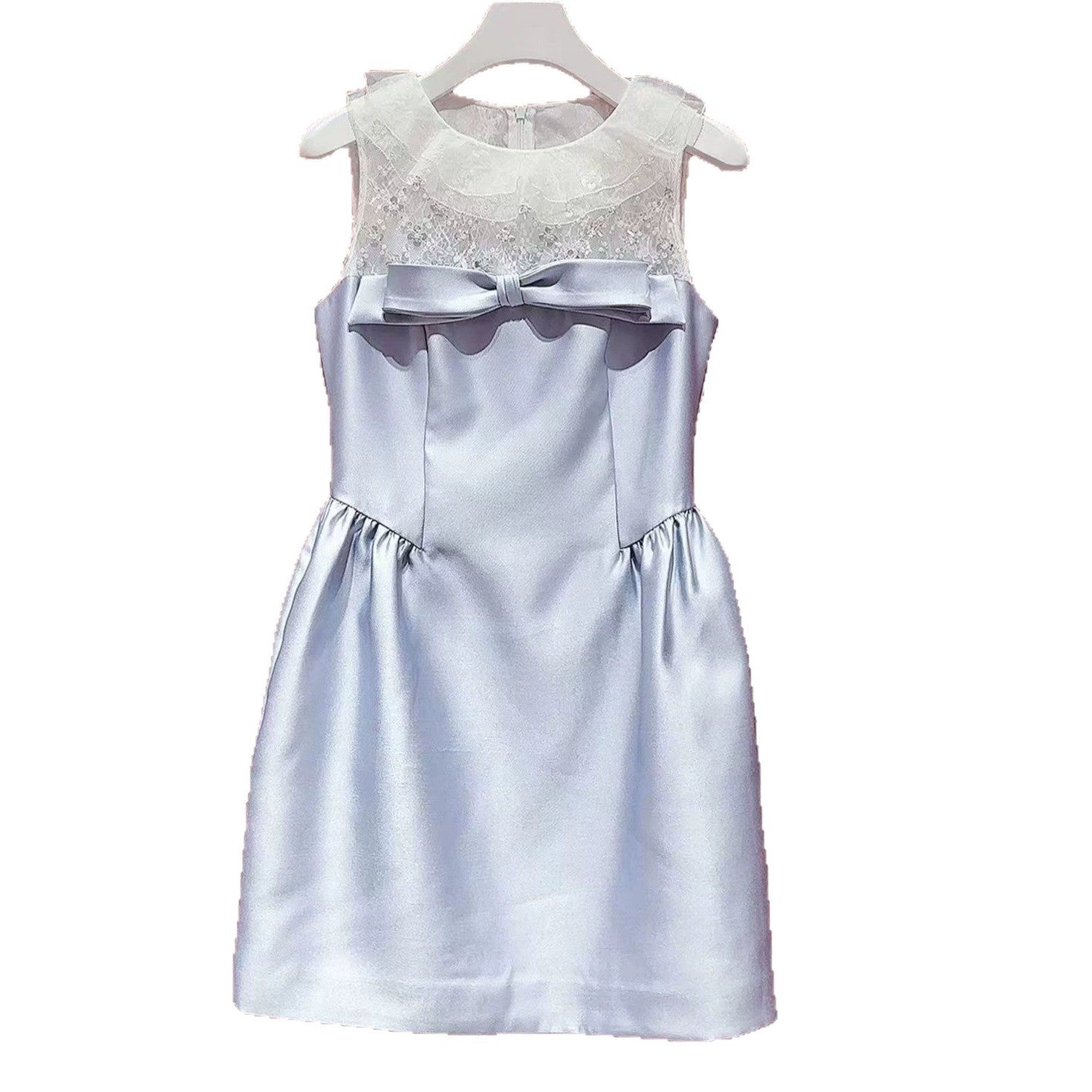 Lace Rhinestone Collar Big Bow Satin A-Line Mini Dress
