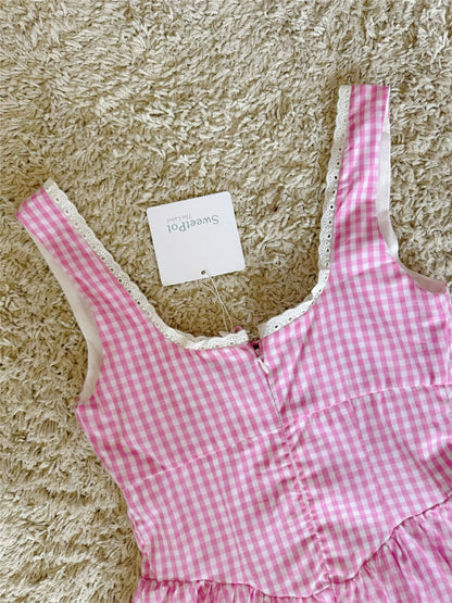 plaid wave lace tie waist-cinching cotton dress